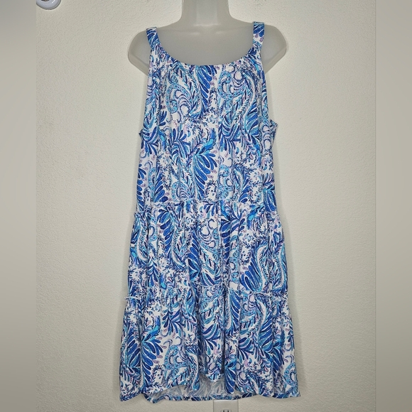 Lilly Pulitzer Loro Mini Dress Baha Blue Bird Ruffle Tank Straps Tiered Hem XL - Picture 2 of 11